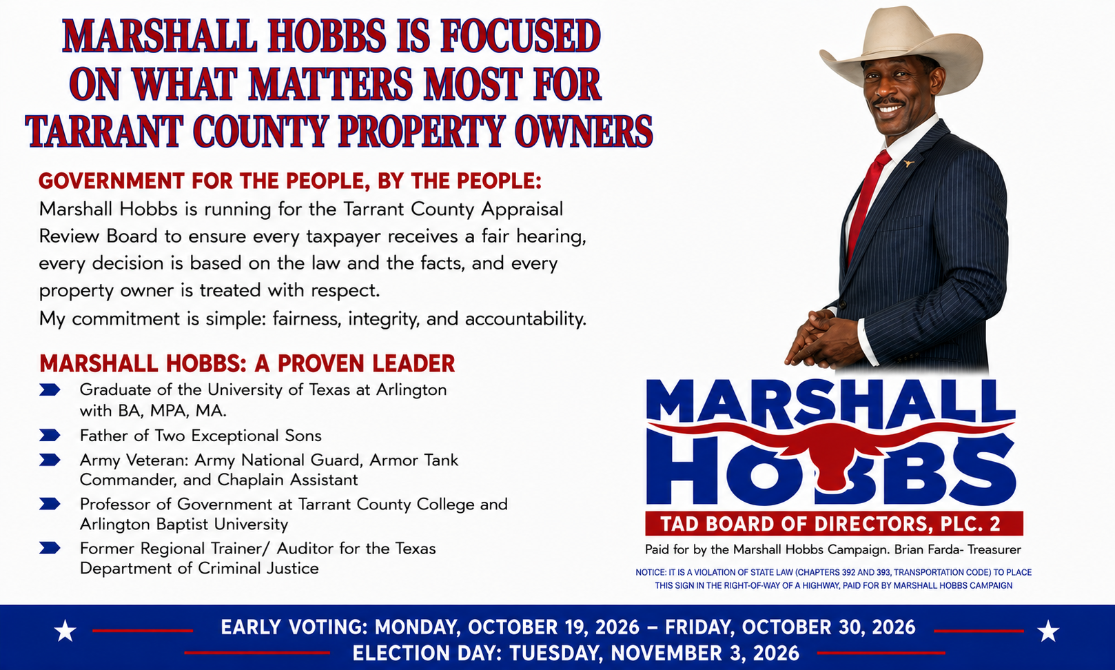 Marshall Hobbs campaign postcard — Tarrant County Appraisal Review Board Place 3